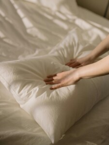 A person smoothing a white pillow with both hands on a light-colored bed.